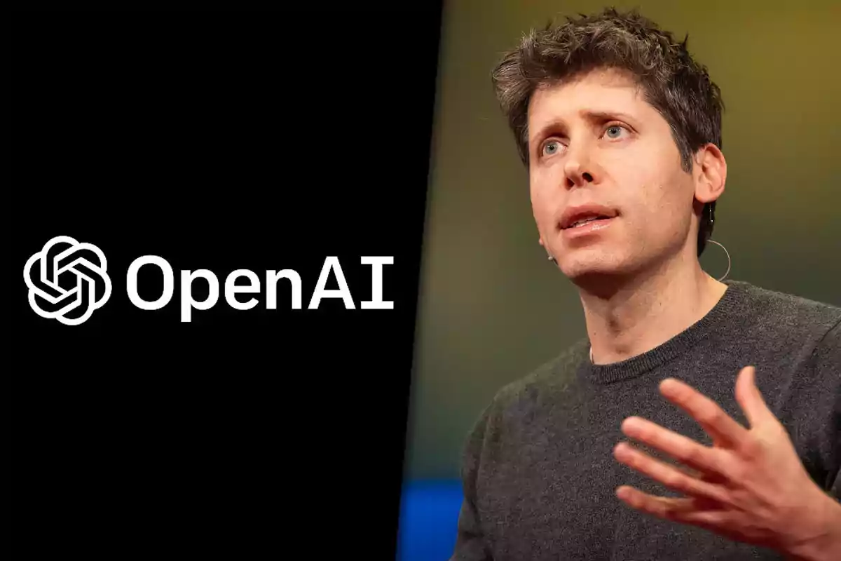 Hombre hablando en público junto al logotipo de OpenAI sobre fondo negro