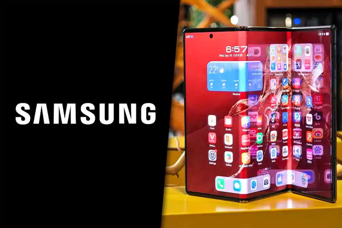 Logo de Samsung junto a un teléfono plegable con pantalla grande y aplicaciones abiertas