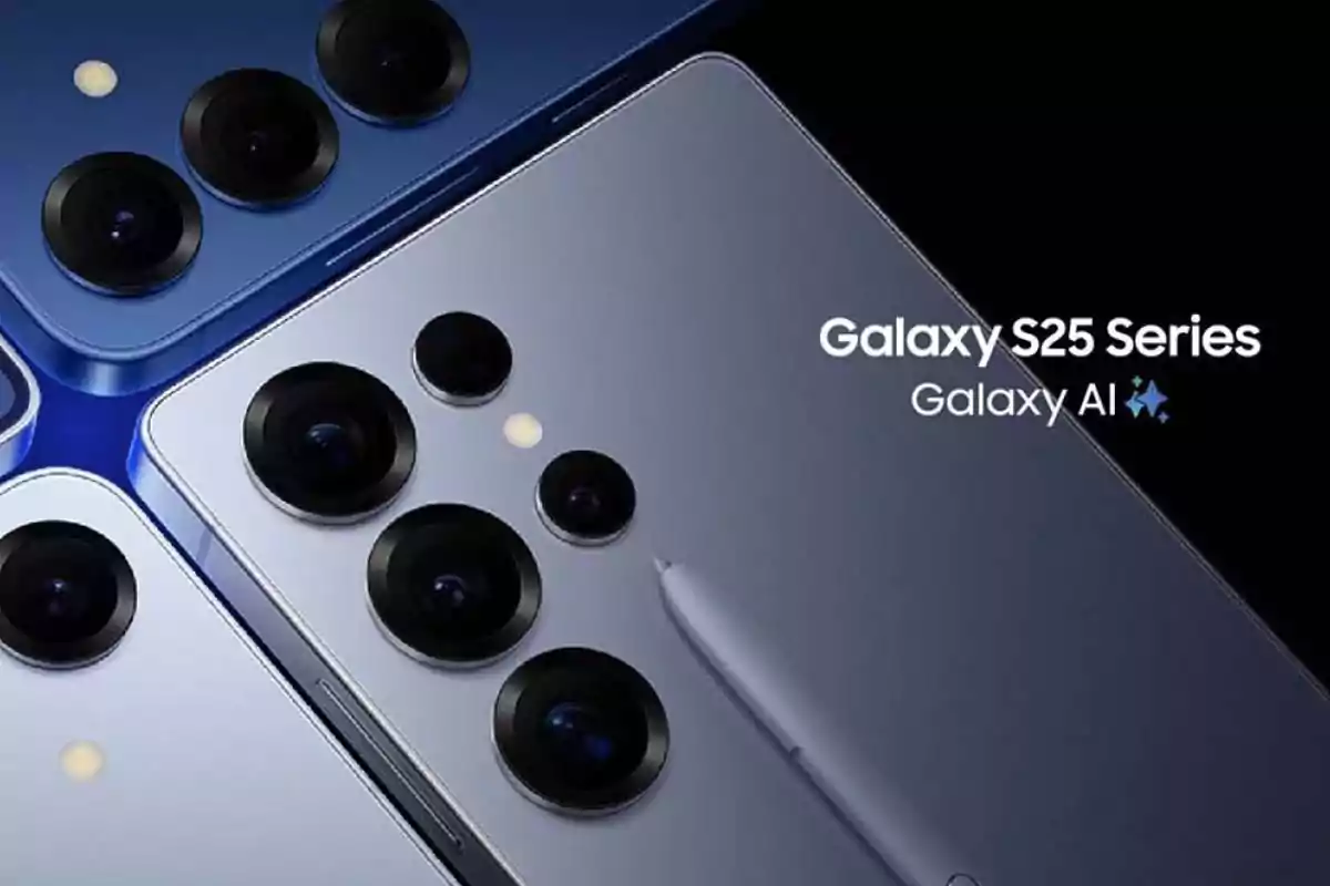 Tres teléfonos Samsung Galaxy S25 en diferentes colores mostrando sus cámaras traseras junto a un lápiz óptico y el texto Galaxy S25 Series Galaxy AI Tres teléfonos Samsung Galaxy S25 en diferentes colores mostrando sus cámaras traseras junto a un lápiz óptico y el texto Galaxy S25 Series Galaxy AI