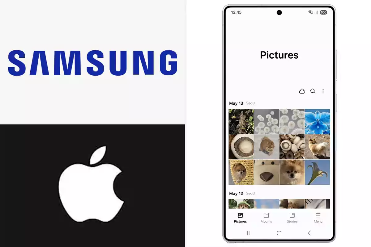 Logos de Samsung y Apple junto a la pantalla de un teléfono móvil mostrando una galería de fotos.
