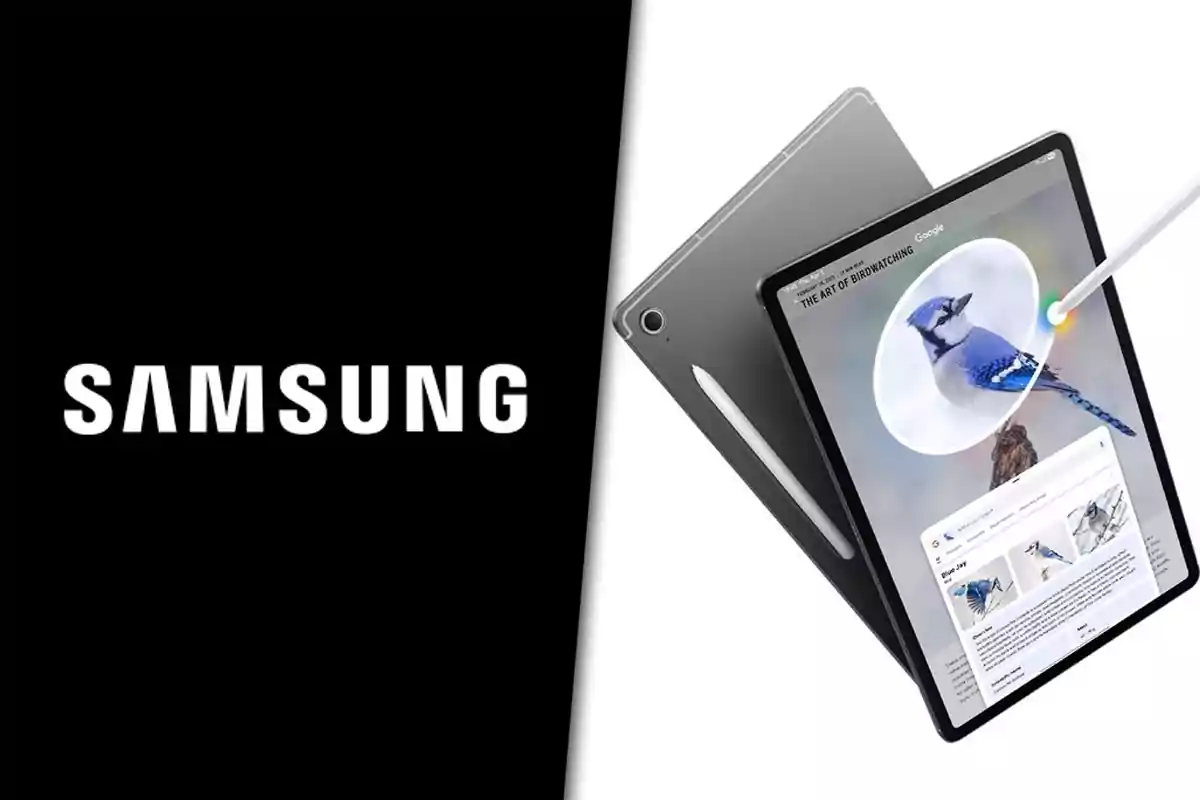 Samsung logo next to a Samsung Galaxy tablet with a stylus showing an image of a bird on the screen