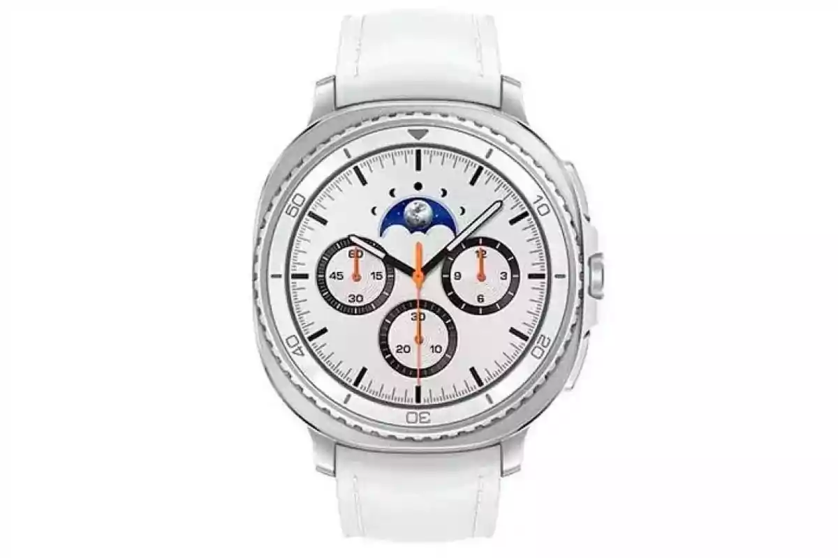 Smartwatch with a white strap and a dial featuring multiple subdials and a moon phase design Smartwatch with a white strap and a dial featuring multiple subdials and a moon phase design