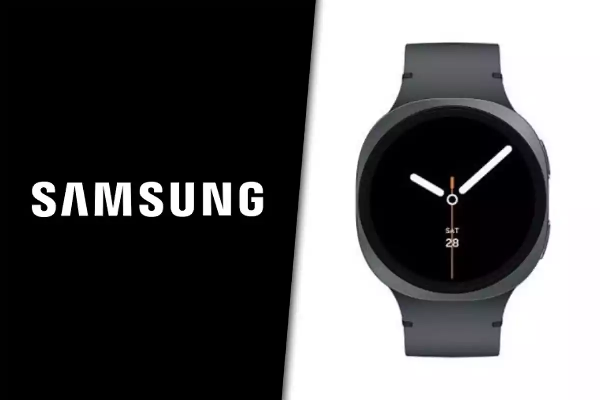 Reloj inteligente Samsung de color negro junto al logotipo de la marca sobre fondo negro