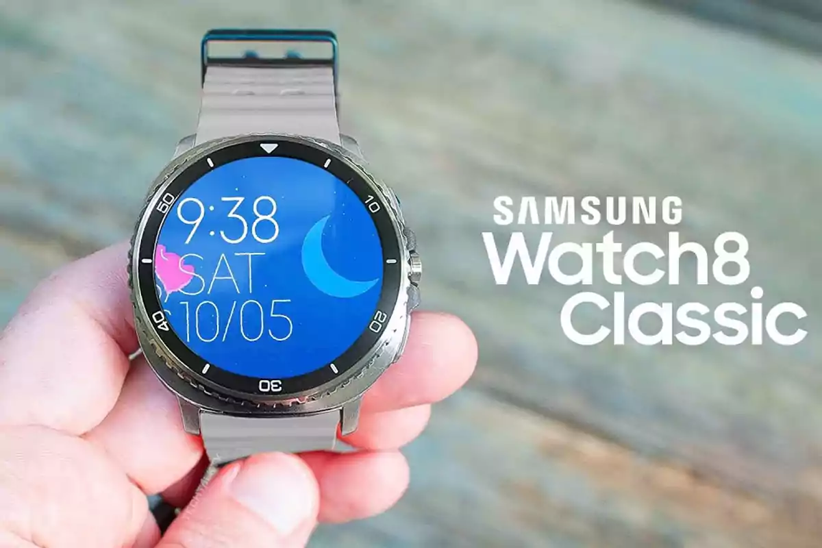 Person holding a Samsung Watch8 Classic smartwatch with the screen on, showing the time and date Person holding a Samsung Watch8 Classic smartwatch with the screen on, showing the time and date