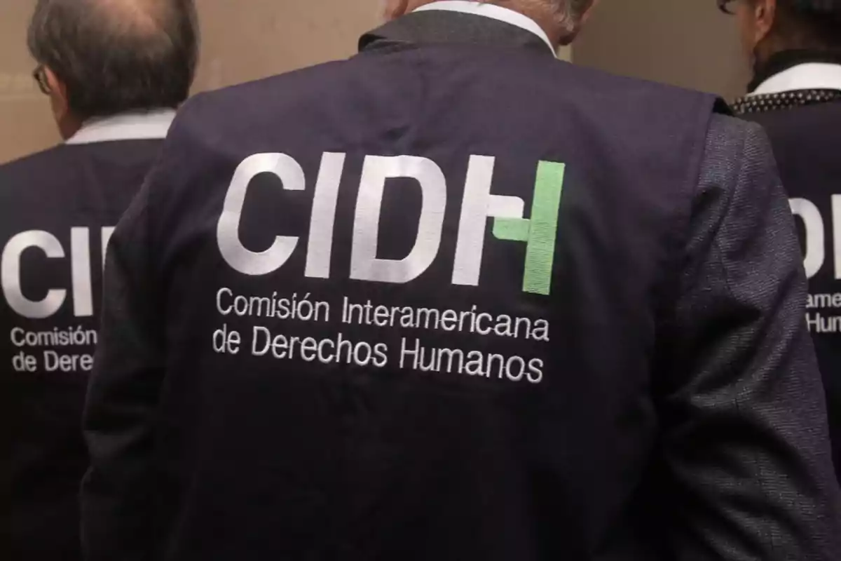 People seen from behind wearing vests with the logo of the Inter-American Commission on Human Rights People seen from behind wearing vests with the logo of the Inter-American Commission on Human Rights