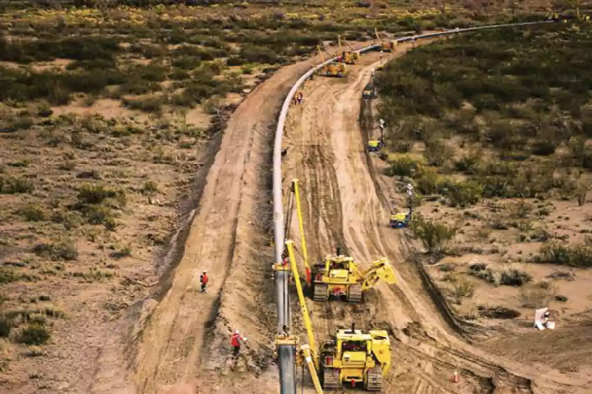Vista aérea de la construcción de un gasoducto en una zona desértica con maquinaria pesada y trabajadores en el sitio Vista aérea de la construcción de un gasoducto en una zona desértica con maquinaria pesada y trabajadores en el sitio