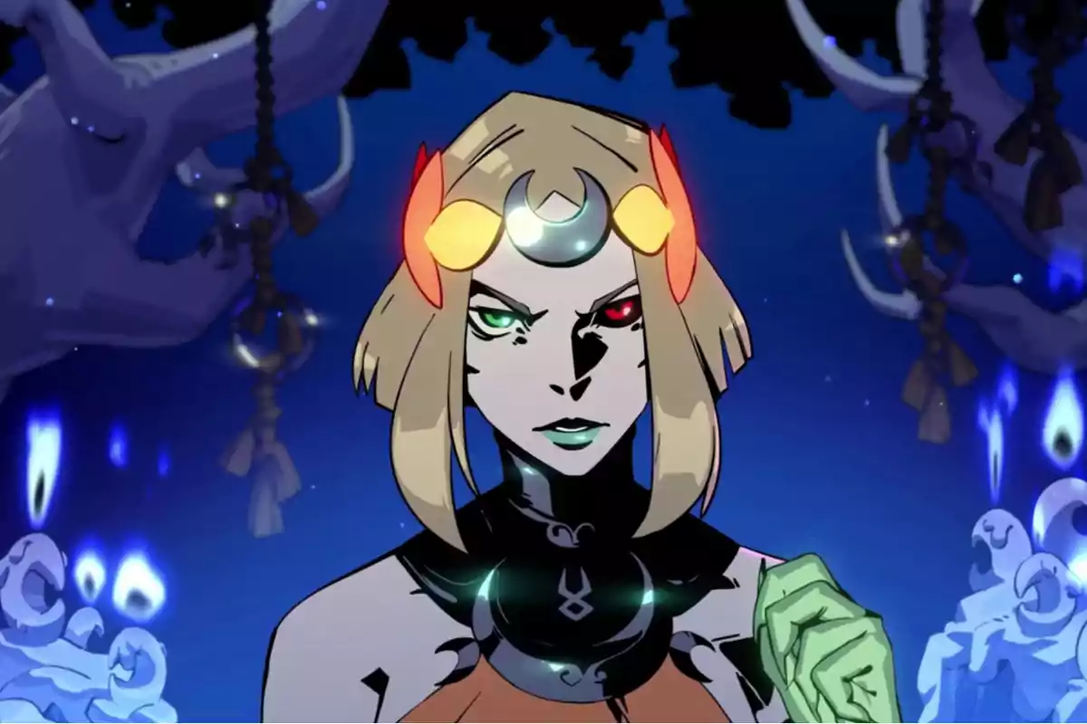 Short-haired blonde anime character with a sparkling headband and different-colored eyes in a dark, mystical setting with ghostly figures and trees in the background Short-haired blonde anime character with a sparkling headband and different-colored eyes in a dark, mystical setting with ghostly figures and trees in the background