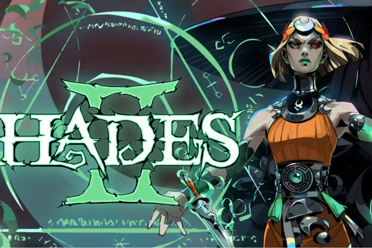 Cover of the video game Hades II featuring a mystical-looking warrior holding a dagger and surrounded by green magical symbols