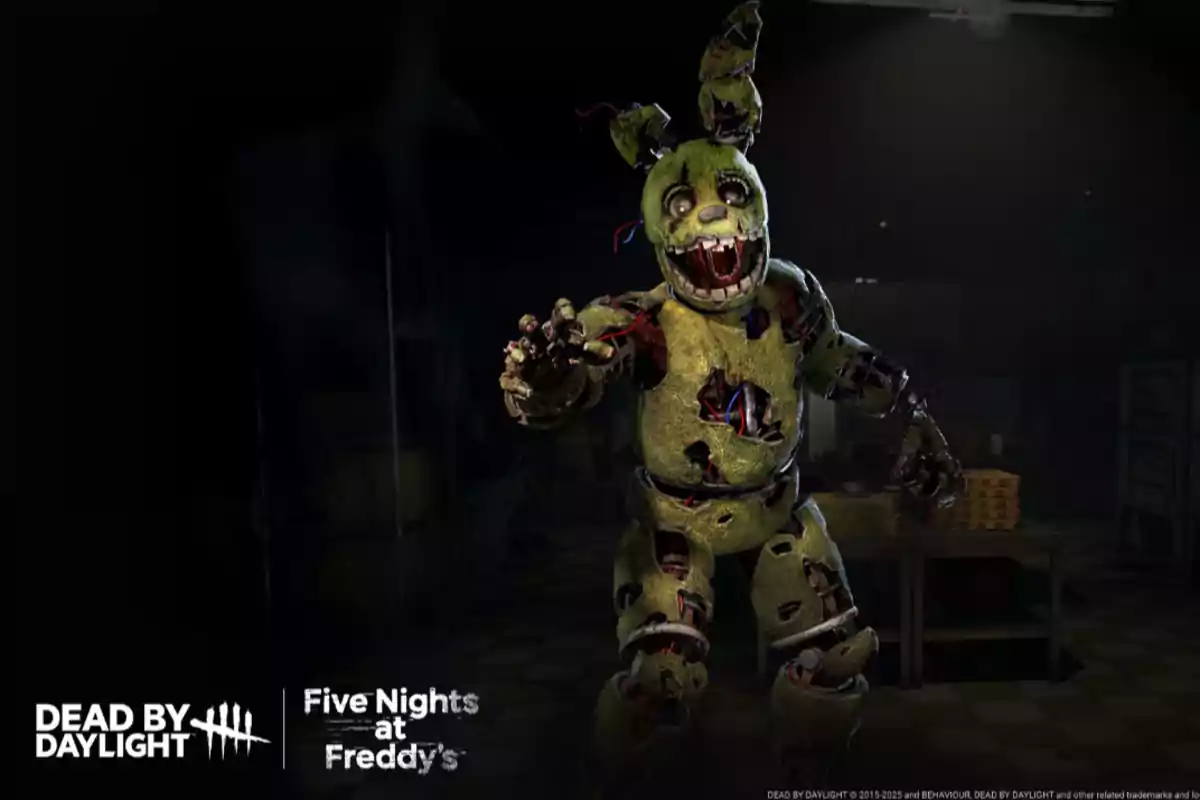 Animatrónico deteriorado de aspecto aterrador con forma de conejo verde en una habitación oscura, imagen promocional de la colaboración entre Dead by Daylight y Five Nights at Freddy's Animatrónico deteriorado de aspecto aterrador con forma de conejo verde en una habitación oscura, imagen promocional de la colaboración entre Dead by Daylight y Five Nights at Freddy's