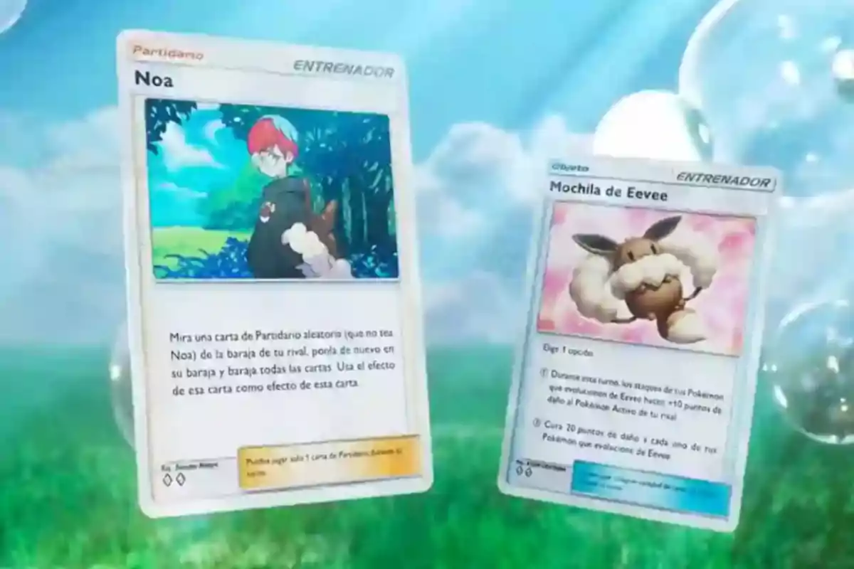 Two Pokémon TCG Trainer cards floating over a background of grass and bubbles, one featuring a red-haired character and the other an Eevee surrounded by cotton. Two Pokémon TCG Trainer cards floating over a background of grass and bubbles, one featuring a red-haired character and the other an Eevee surrounded by cotton.
