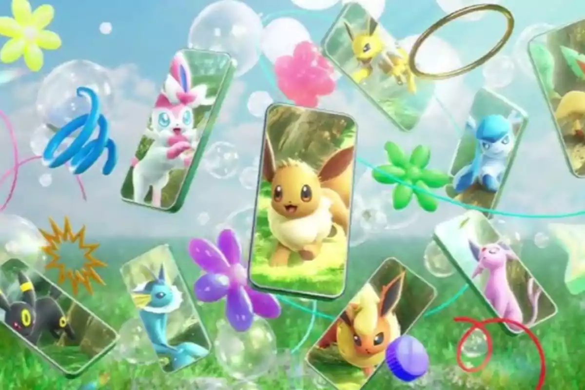Several Pokémon from the Eevee family appear inside floating screens surrounded by bubbles and colorful balloons against a background of grass and blue sky.