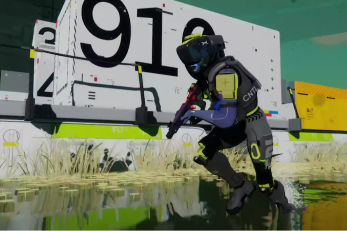 Person in futuristic armor and helmet runs crouched next to a white container with large numbers in a science fiction setting with water and low vegetation Person in futuristic armor and helmet runs crouched next to a white container with large numbers in a science fiction setting with water and low vegetation