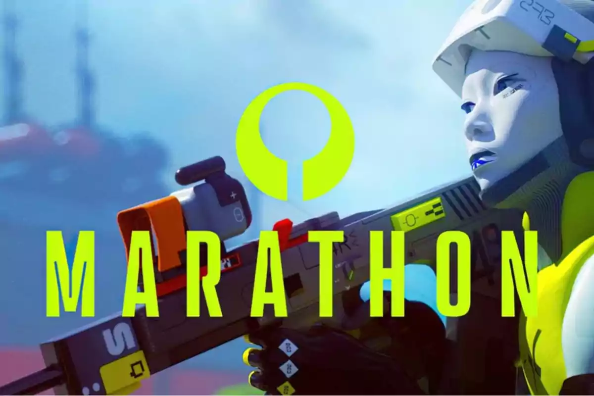Futuristic character with a helmet and weapon holding a rifle, accompanied by the text Marathon in large neon-colored letters