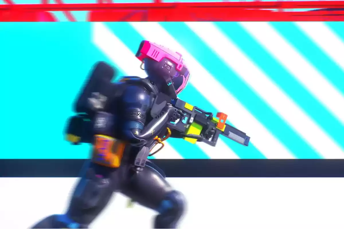 Futuristic character with a pink helmet and black suit running with a colorful weapon in front of a blue background with white diagonal lines Futuristic character with a pink helmet and black suit running with a colorful weapon in front of a blue background with white diagonal lines