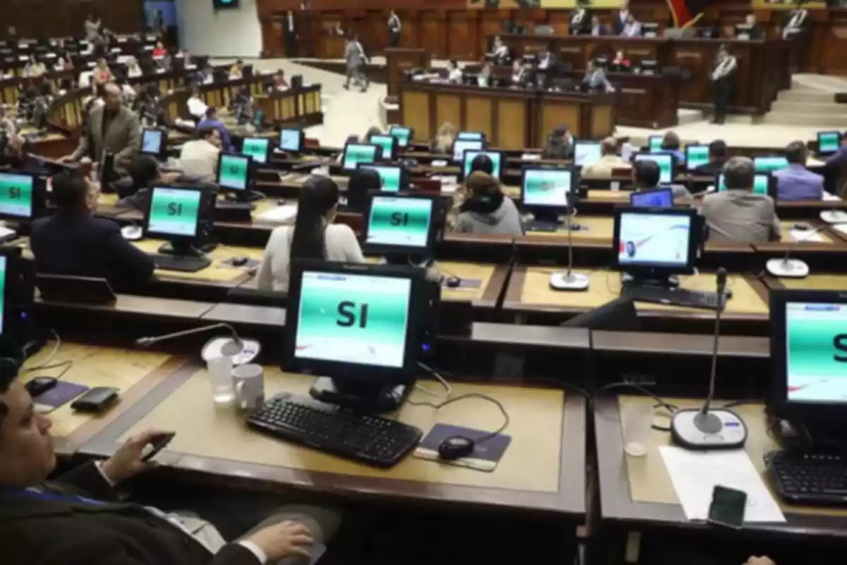 Personas en una sala de sesiones parlamentarias con varias computadoras mostrando la palabra SI en sus pantallas Personas en una sala de sesiones parlamentarias con varias computadoras mostrando la palabra SI en sus pantallas