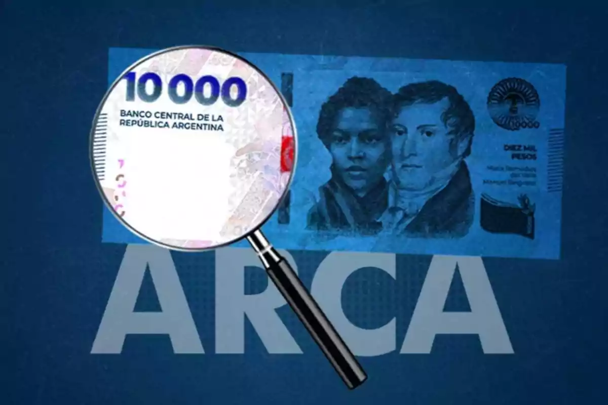 Argentine ten thousand peso bill with a magnifying glass enlarging part of the design on a blue background Argentine ten thousand peso bill with a magnifying glass enlarging part of the design on a blue background