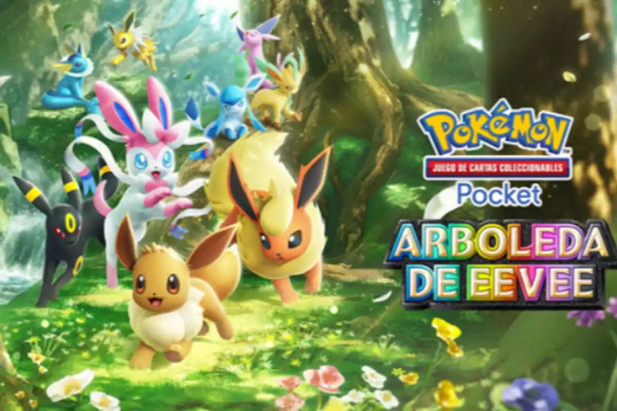 Several Eevee evolutions run and pose in a sunlit forest with the Pokémon Trading Card Game Pocket Eevee Grove logo.
