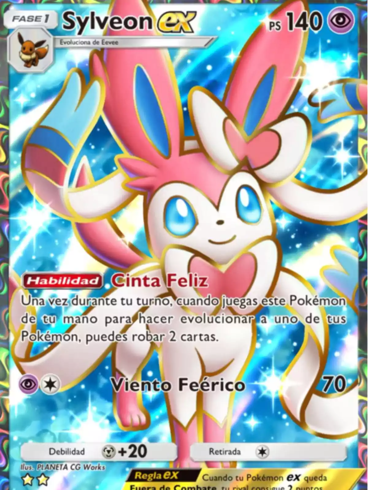 Carta Pokémon Sylveon EX con ilustración colorida y detalles brillantes, mostrando a Sylveon en el centro con orejas grandes y lazos rosas sobre un fondo azul lleno de destellos Carta Pokémon Sylveon EX con ilustración colorida y detalles brillantes, mostrando a Sylveon en el centro con orejas grandes y lazos rosas sobre un fondo azul lleno de destellos