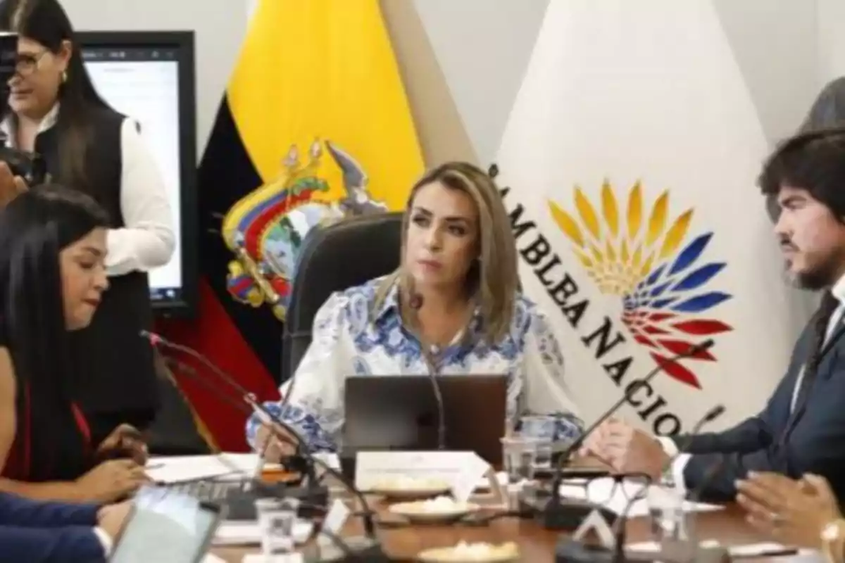 Several people seated at a conference table with Ecuadorian flags and the National Assembly in the background Several people seated at a conference table with Ecuadorian flags and the National Assembly in the background
