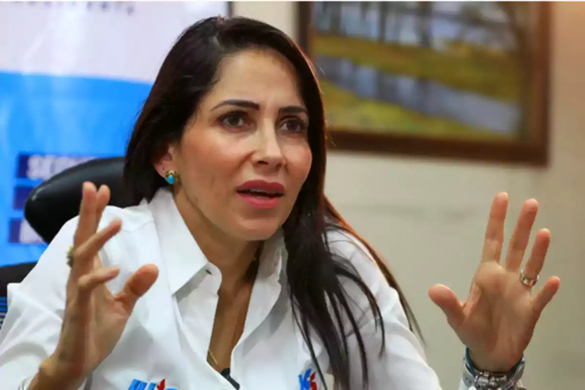 Long-haired, dark-haired woman wearing a white jersey gesturing with her hands while speaking in an office setting Long-haired, dark-haired woman wearing a white jersey gesturing with her hands while speaking in an office setting