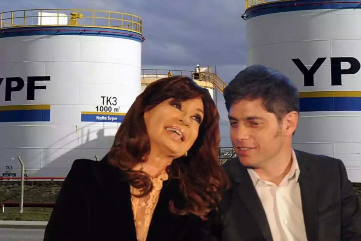 Two smiling people in the foreground with YPF company storage tanks in the background Two smiling people in the foreground with YPF company storage tanks in the background