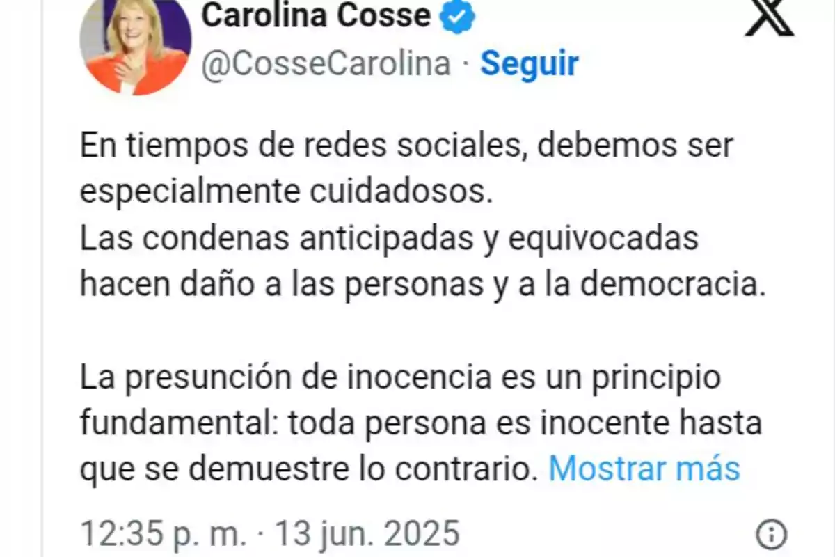 Social media post by Carolina Cosse warning about caution in times of social networks and the importance of the presumption of innocence, reminding that everyone is innocent until proven otherwise. Social media post by Carolina Cosse warning about caution in times of social networks and the importance of the presumption of innocence, reminding that everyone is innocent until proven otherwise.
