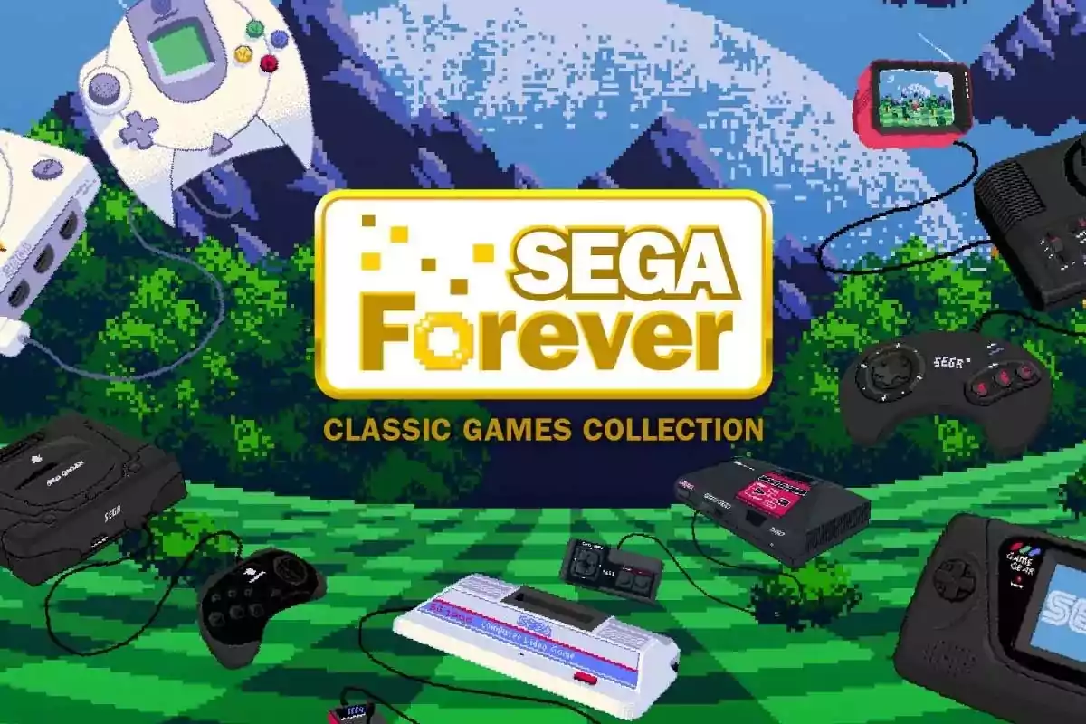 Classic SEGA consoles surrounding a logo that says SEGA Forever Classic Games Collection over a pixelated landscape background Classic SEGA consoles surrounding a logo that says SEGA Forever Classic Games Collection over a pixelated landscape background