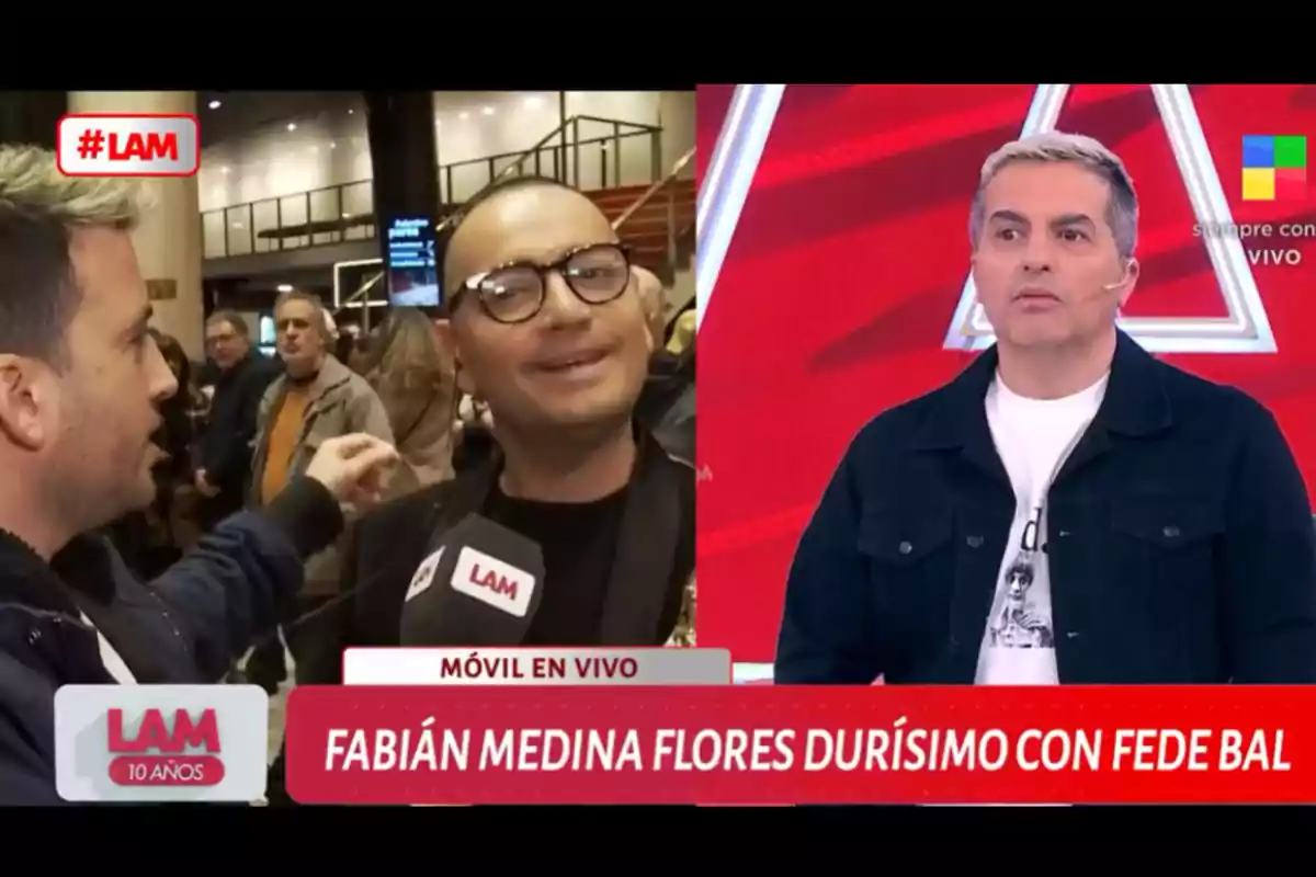 Dos hombres conversan en un móvil en vivo de un programa de televisión llamado LAM, mientras otro hombre aparece en un estudio con fondo rojo y gráficos del programa, con el texto en pantalla que menciona a Fabián Medina Flores y Fede Bal. Dos hombres conversan en un móvil en vivo de un programa de televisión llamado LAM, mientras otro hombre aparece en un estudio con fondo rojo y gráficos del programa, con el texto en pantalla que menciona a Fabián Medina Flores y Fede Bal.