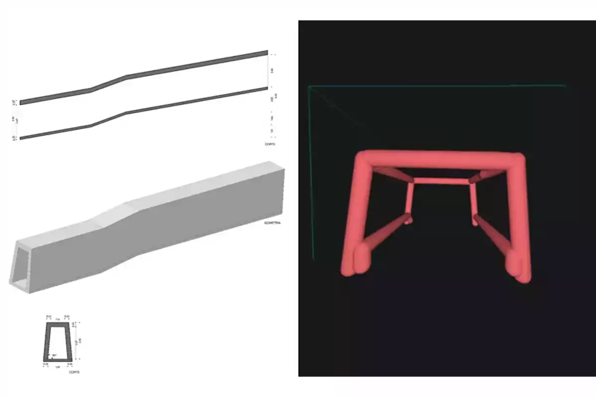 Comparación entre un modelo estructural tridimensional en color gris con detalles técnicos y un modelo digital en color rojo sobre fondo negro Comparación entre un modelo estructural tridimensional en color gris con detalles técnicos y un modelo digital en color rojo sobre fondo negro