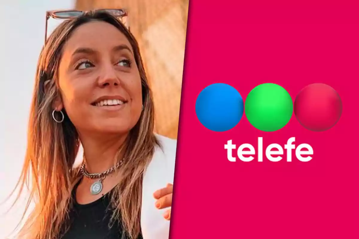 Mujer joven sonriendo junto al logo de Telefe sobre un fondo rosa