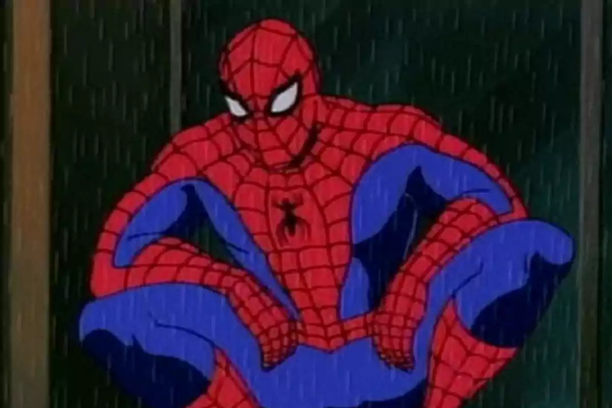 Animated Spiderman is crouching in the rain with a serious expression. Animated Spiderman is crouching in the rain with a serious expression.