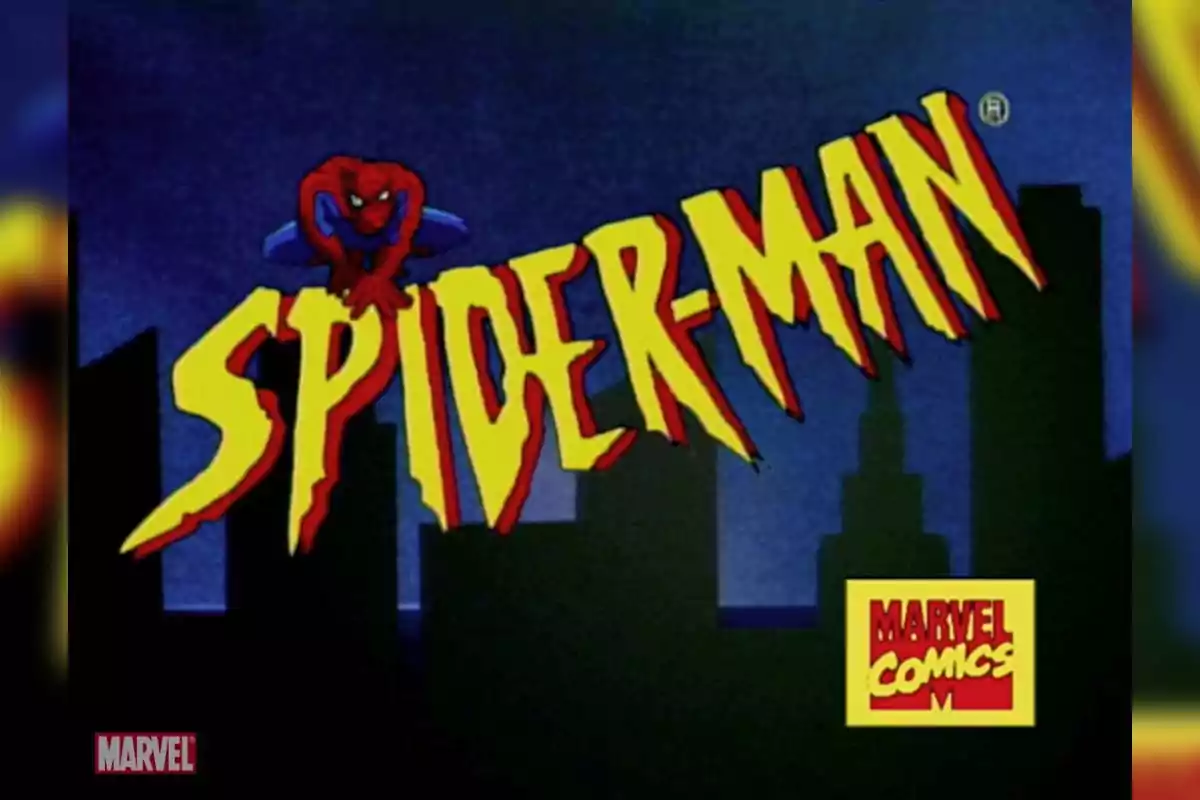 Logo of the animated Spider-Man series with the character above the title and a dark city background Logo of the animated Spider-Man series with the character above the title and a dark city background