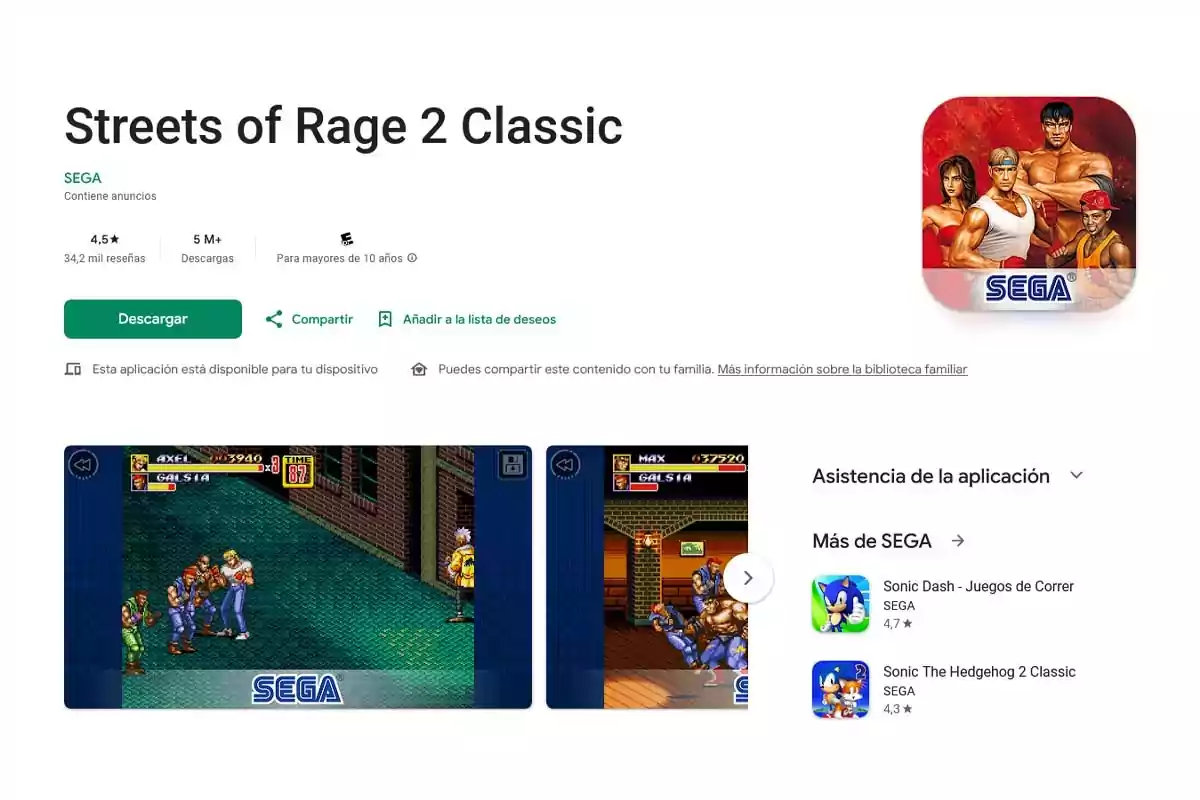 Streets of Rage 2 Classic app download page by SEGA on the Google Play store with game images and options to download, share, and add to wishlist Streets of Rage 2 Classic app download page by SEGA on the Google Play store with game images and options to download, share, and add to wishlist