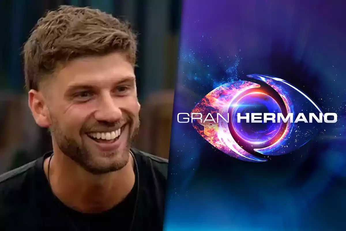Hombre joven sonriente junto al logo colorido del programa Gran Hermano sobre fondo azul
