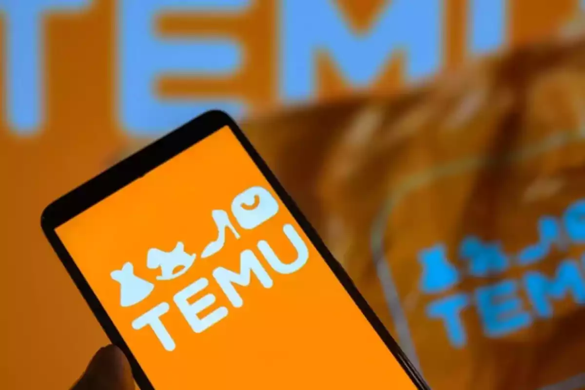 Cell phone screen displaying the Temu logo over a blurred orange background with the same logo in large size