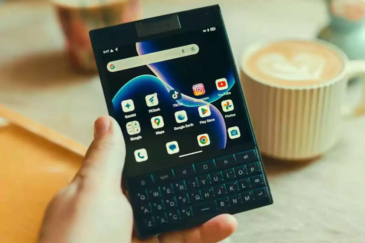 Persona sosteniendo un teléfono inteligente con teclado físico y pantalla táctil mostrando aplicaciones populares, al fondo una taza de café con arte latte. Persona sosteniendo un teléfono inteligente con teclado físico y pantalla táctil mostrando aplicaciones populares, al fondo una taza de café con arte latte.