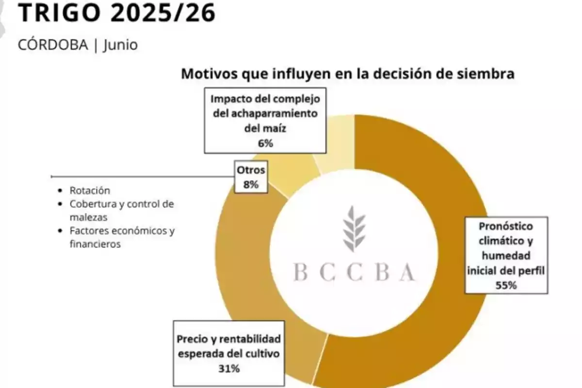 Gráfico circular que muestra los motivos que influyen en la decisión de siembra de trigo en Córdoba para la campaña 2025-2026, destacando el pronóstico climático y la humedad inicial del perfil como el factor más relevante, seguido por el precio y la rentabilidad esperada del cultivo, otros motivos, e impacto del complejo del achaparramiento del maíz