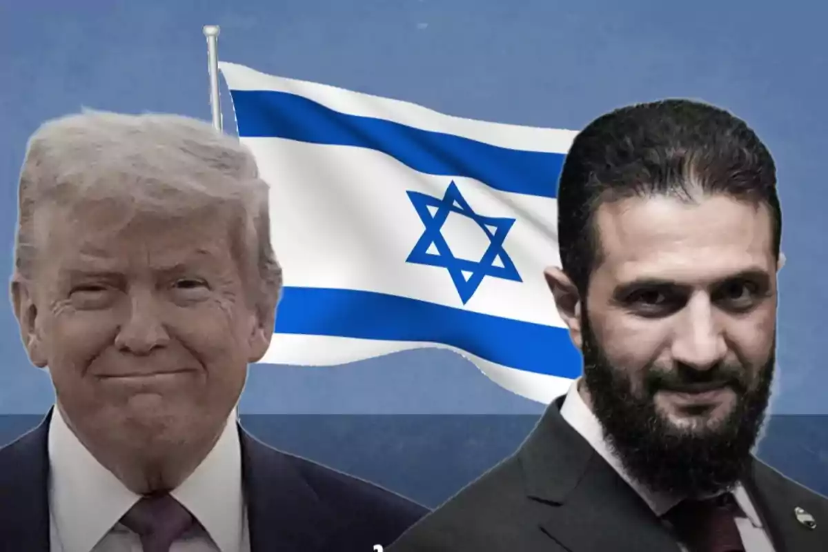 Dos hombres en primer plano con una bandera de Israel ondeando al fondo