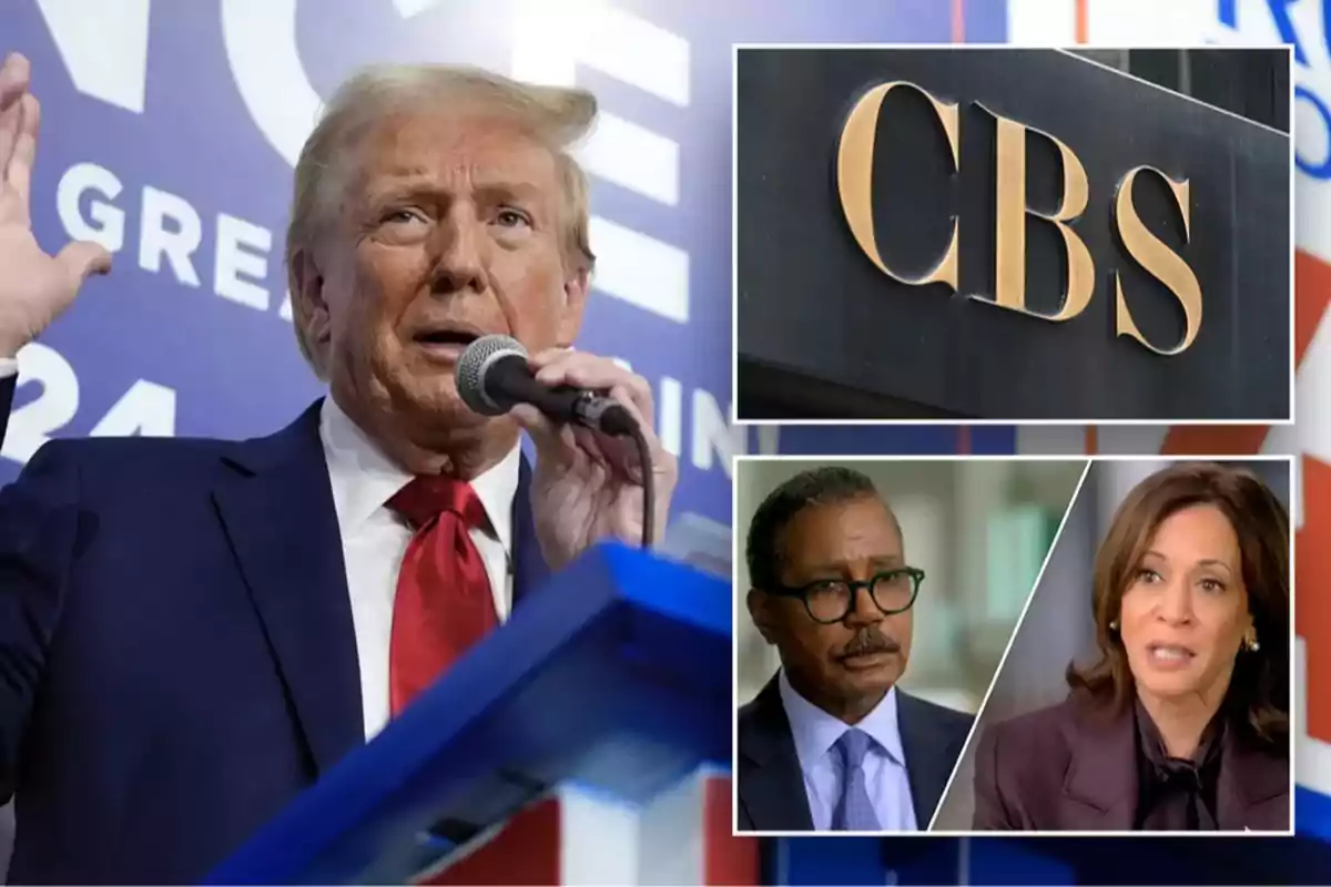 A man in a suit and red tie speaks at a podium with a microphone; the CBS logo appears in the upper right corner, and in the lower right corner there are two people in separate boxes, a man with glasses and a woman with brown hair. A man in a suit and red tie speaks at a podium with a microphone; the CBS logo appears in the upper right corner, and in the lower right corner there are two people in separate boxes, a man with glasses and a woman with brown hair.