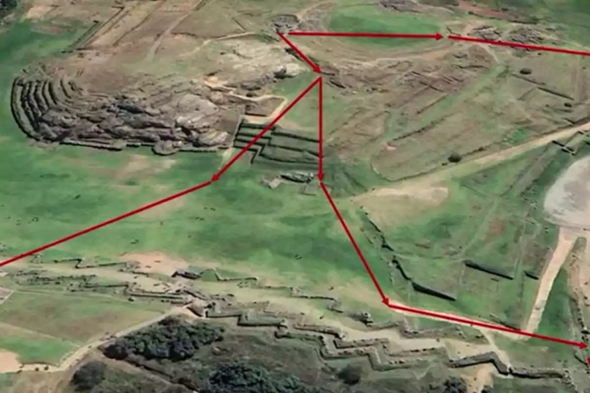 Vista aérea de un sitio arqueológico con líneas rojas que conectan diferentes puntos sobre el terreno Vista aérea de un sitio arqueológico con líneas rojas que conectan diferentes puntos sobre el terreno