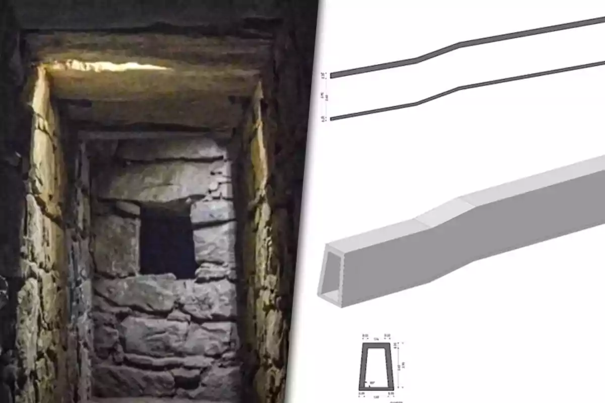 Pasadizo de piedra antiguo junto a un esquema digital de un conducto rectangular con medidas técnicas