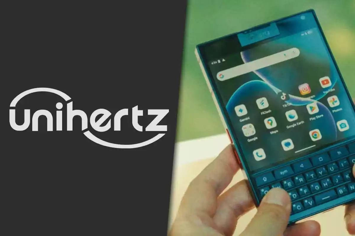 Logo de Unihertz junto a una persona usando un teléfono inteligente con teclado físico y pantalla táctil