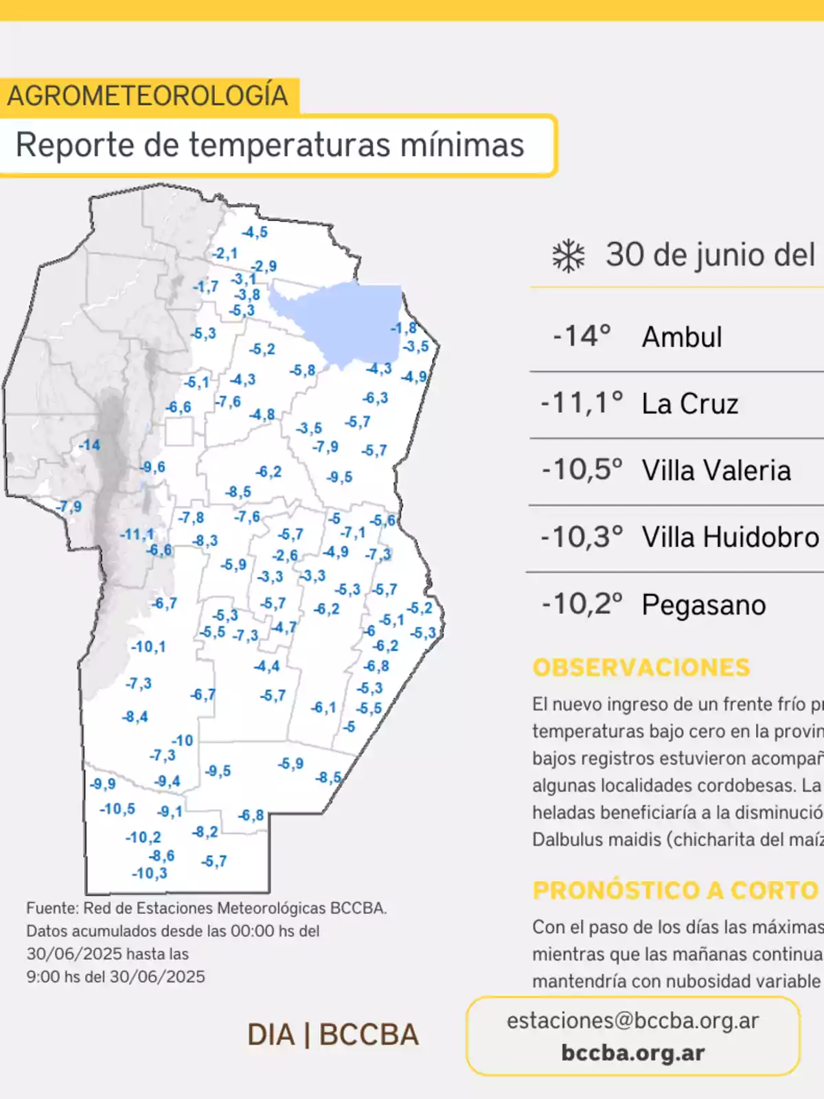 Map of the province of Córdoba in Argentina with a report of minimum temperatures recorded on June 30, 2025, highlighting extremely low values in several localities and a list of the five lowest temperatures along with observations and short-term forecast. Map of the province of Córdoba in Argentina with a report of minimum temperatures recorded on June 30, 2025, highlighting extremely low values in several localities and a list of the five lowest temperatures along with observations and short-term forecast.
