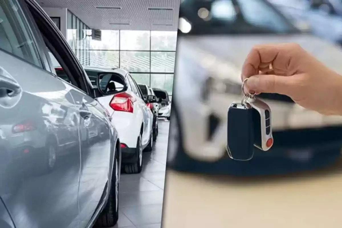 Varios autos estacionados en una agencia y una mano sosteniendo unas llaves de coche