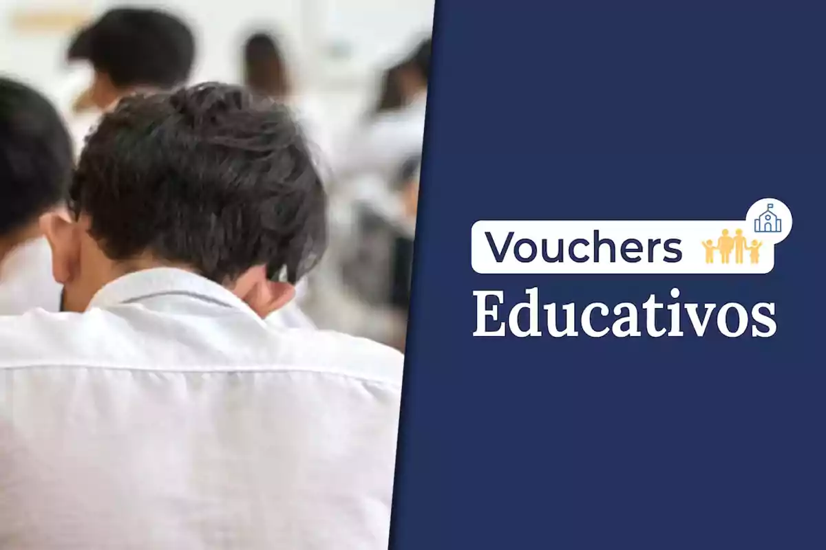 A student with their back turned in a classroom with the text Educational Vouchers on a blue background
