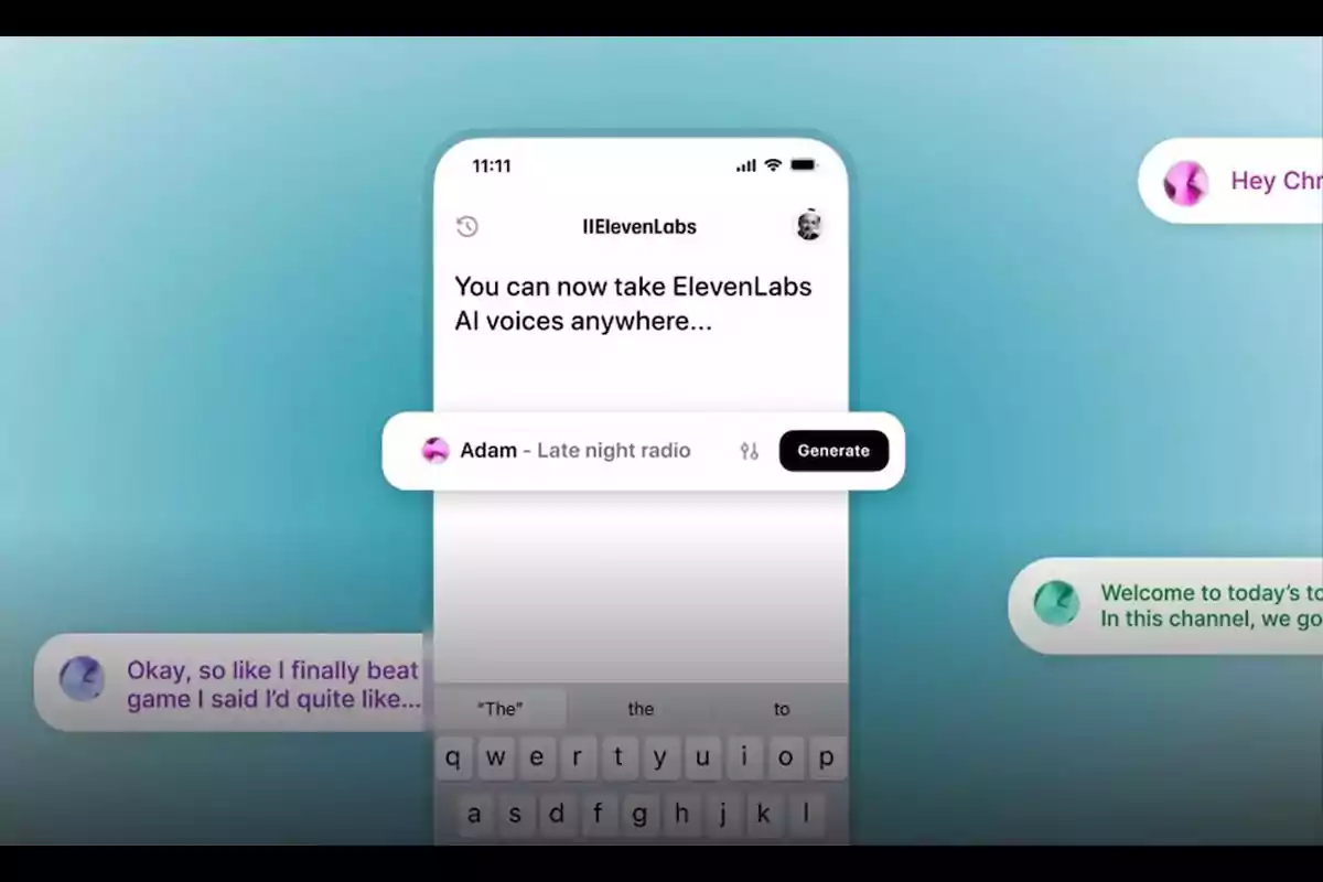 Interfaz de una aplicación móvil mostrando un mensaje sobre voces de inteligencia artificial de ElevenLabs con burbujas de chat y un teclado en pantalla