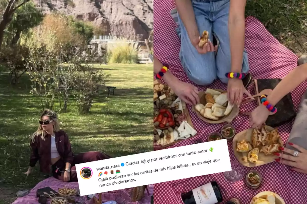 Una mujer y varias personas disfrutan de un picnic al aire libre sobre un mantel a cuadros con comida variada, en un entorno natural con árboles y montañas al fondo. Una mujer y varias personas disfrutan de un picnic al aire libre sobre un mantel a cuadros con comida variada, en un entorno natural con árboles y montañas al fondo.