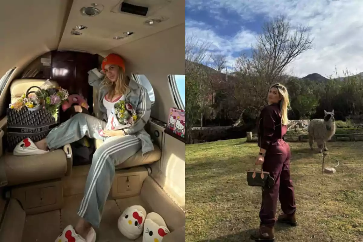 Una mujer rubia aparece en dos escenarios diferentes, en la primera imagen está sentada en el interior de un jet privado con flores y accesorios de Hello Kitty, mientras que en la segunda está al aire libre en un campo con una llama al fondo, usando un conjunto oscuro y sosteniendo un bolso Una mujer rubia aparece en dos escenarios diferentes, en la primera imagen está sentada en el interior de un jet privado con flores y accesorios de Hello Kitty, mientras que en la segunda está al aire libre en un campo con una llama al fondo, usando un conjunto oscuro y sosteniendo un bolso
