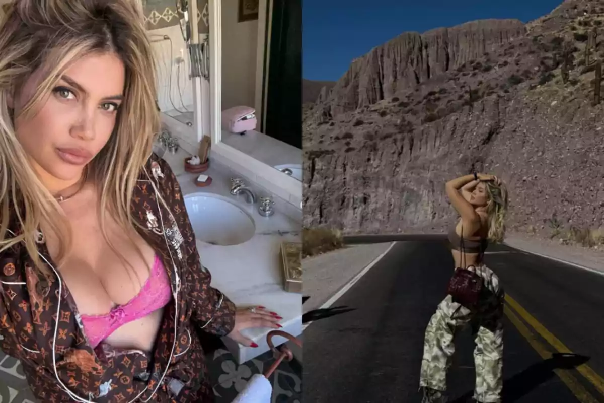 Mujer rubia posando en un baño con bata marrón y lencería rosa en la primera imagen y en la segunda de pie en una carretera desértica con pantalones camuflados y top marrón Mujer rubia posando en un baño con bata marrón y lencería rosa en la primera imagen y en la segunda de pie en una carretera desértica con pantalones camuflados y top marrón