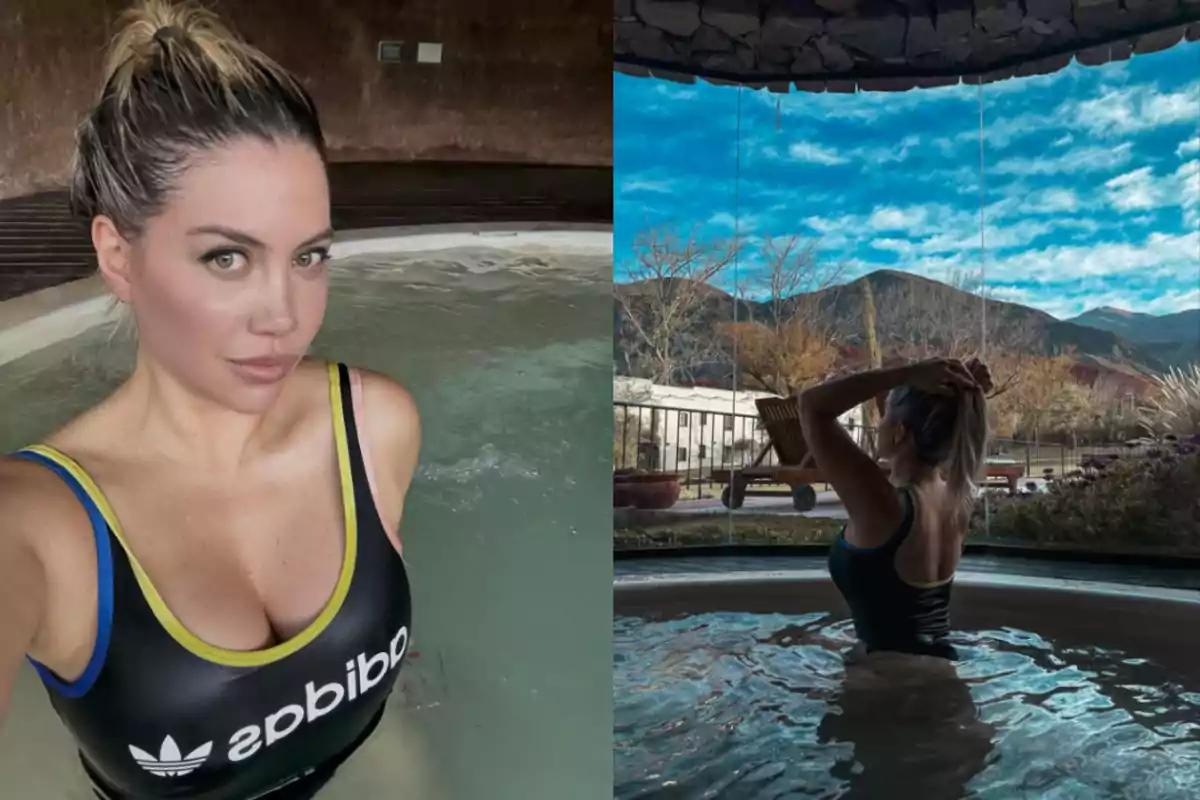 Mujer en traje de baño negro dentro de una piscina pequeña, en la primera imagen se toma una selfie y en la segunda está de espaldas mirando hacia un paisaje de montañas y cielo azul Mujer en traje de baño negro dentro de una piscina pequeña, en la primera imagen se toma una selfie y en la segunda está de espaldas mirando hacia un paisaje de montañas y cielo azul